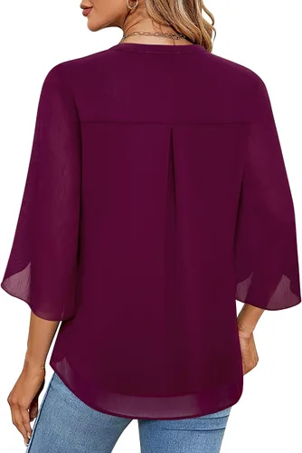 Vista 5 de Timeson Blusa de gasa de manga 34 para mujer, cuello en V, túnica elegante