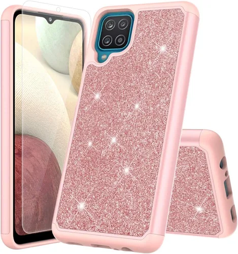 Vista 8 de Compatible para Samsung Galaxy A12 5G Cute Sparkle Funda protectora para teléfono celular con vidrio templado para niñas y mujeres TPU+PC antigolpes