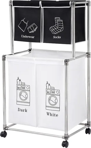 Vista 2 de Cesta de lavandería vertical de 2 niveles con 4 bolsas extraíbles para lavandería, con cuatro ruedas para fácil movimiento, espacios pequeños