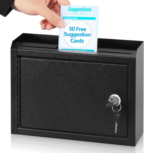 Vista 9 de KYODOLED Buzón de sugerencias con cerradura y ranura, pequeño buzón montado en la pared para oficina, caja para depositar llaves con 50 tarjetas