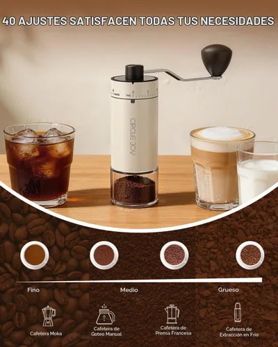 Vista 3 de CIRCLE JOY Mini molinillo de café manual con 40 ajustes externos ajustables y rebabas cónicas de cerámica, molinillo de café portátil de acero