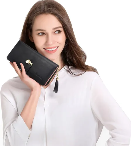 Vista 6 de Carteras RFID para mujer con múltiples ranuras para tarjetas y compartimento para celular, billetera para mujer, Negro, Classic