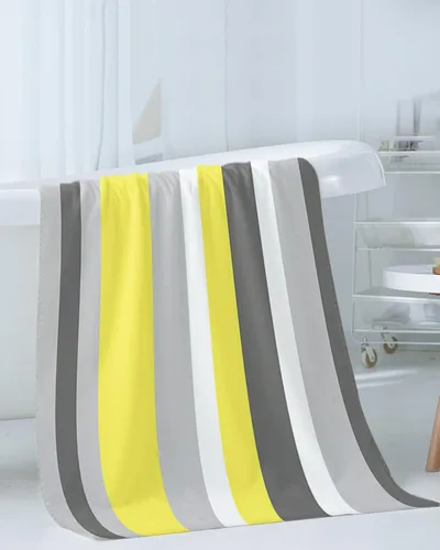 Vista 3 de Juego de toallas de baño de 3 piezas, diseño geométrico de rayas amarillas, grises y blancas, juego de toallas de baño suaves y absorbentes