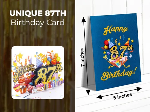 Vista 9 de iGifts And Cards Tarjeta desplegable 3D de feliz cumpleaños 87 – Diseño azul con números de purpurina, globos, pasteles y regalos – Tarjeta