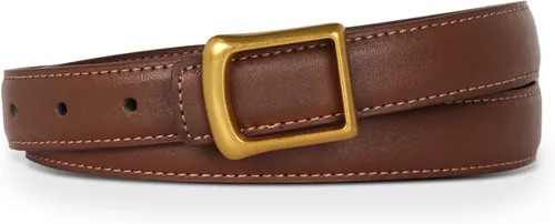 Vista 430 de Cinturón de cuero clásico con hebilla de metal para mujer con vestido de jeans