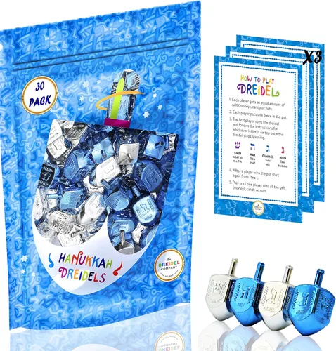 Vista 7 de The Dreidel Company Paquete de 10 Dreidels de Plástico Metálico Plateado y Azul de Hanukkah con Traducción al Inglés, Peonzas Incluye Tarjeta