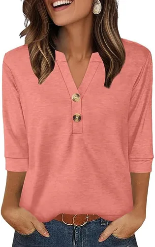 Vista 31 de OFEEFAN - Camisetas de manga 3/4 estilo Henley para mujer, blusas de moda de otoño 2025, atuendos escolares para maestras Raya