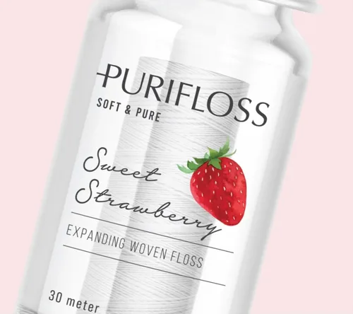 Vista 3 de Hilo dental tejido expansible de alta calidad, sin PTFE y PFAS, fresa dulce, ecológico, vegano, sin crueldad, recomendado por dentistas, apto