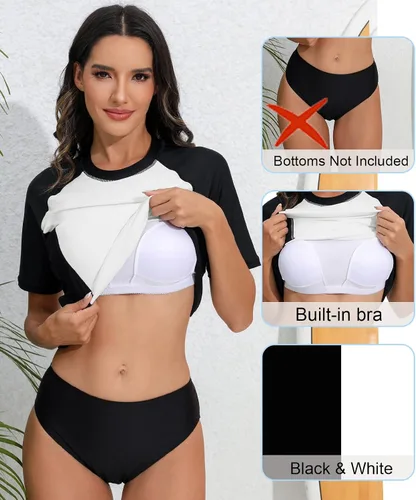 Vista 3 de Halcurt Traje de baño de manga corta para mujer, con brasier integrado, protección solar UPF50, de secado rápido