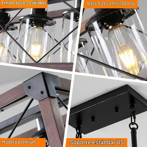 Vista 2 de Lámparas colgantes rústicas de casa de campo, candelabros para comedor y cocina, accesorios de luz de isla de 5 luces, candelabro de madera sobre