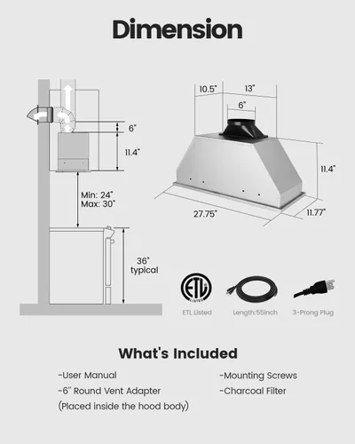 Vista 7 de JOCO Inserto de campana extractora de 30 pulgadas, campana de ventilación de cocina integrada de acero inoxidable de 900 CFM, convertible