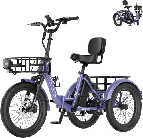 Vista 12 de MOONCOOL Triciclo eléctrico plegable para adultos, E-Trike de aluminio de 20 pulgadas con función de marcha atrás y opciones de largo alcance, Plata