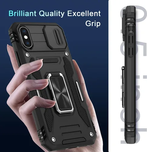 Vista 96 de DEERLAMN Funda para iPhone Xs Max con funda deslizante para cámara + protector de pantalla, soporte giratorio de anillo de grado militar a prueba