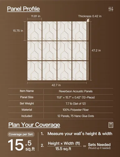 Vista 7 de Paneles acústicos, paneles de pared acústicos autoadhesivos, 12 piezas Chevron Peak - Blanco pálido