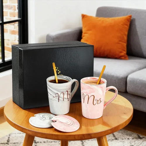 Vista 8 de Yesland Tazas de Café Mr and Mrs de 13.5 Oz, Regalos de Boda para Pareja/Novia y Novio, Tazas de Cerámica con Mármol para Despedida de Soltera