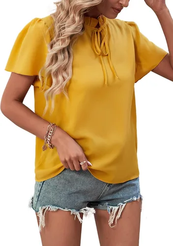Vista 4 de LYANER Blusa de manga corta con volantes y cuello alto falso para mujer