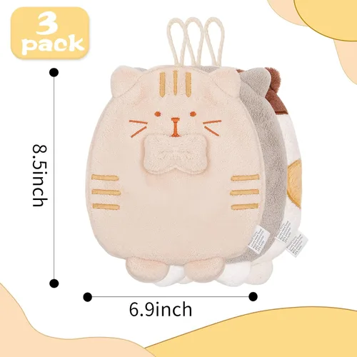 Vista 2 de PRATIQUE Paquete de 3 toallas de mano con diseño de gato, toallas de baño con lazo para colgar, toalla de mano para niños, animales, toalla de mano
