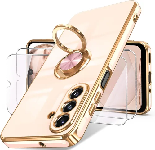 Vista 15 de Dretal Funda para Samsung Galaxy A15 5G, protector de pantalla, soporte de anillo giratorio de 360°, soporte magnético, borde dorado plateado, funda