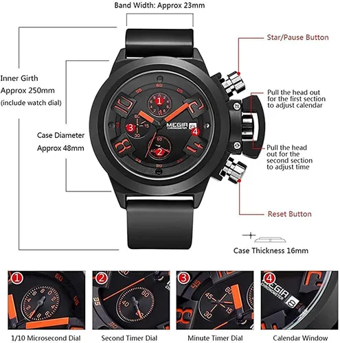 Vista 4 de MEGIR - Reloj de cuarzo para hombre, analógico, cronógrafo, militar, con correa de silicona