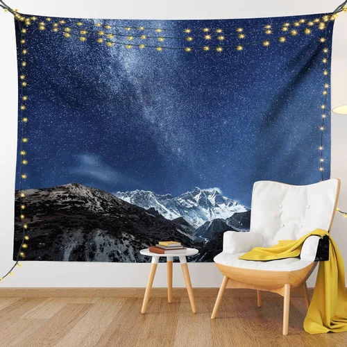 Vista 9 de Ambesonne Tapiz espacial tamaño King, montañas del Himalaya en la noche estrellada con estrellas, tierra y cosmos en tierras del norte, colcha