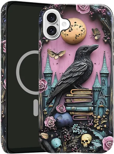Vista 13 de Funda compatible con iPhone 13, compatible con MagSafe, funda híbrida de 2 capas con prevención de caídas brillante para niñas y niños, arte floral