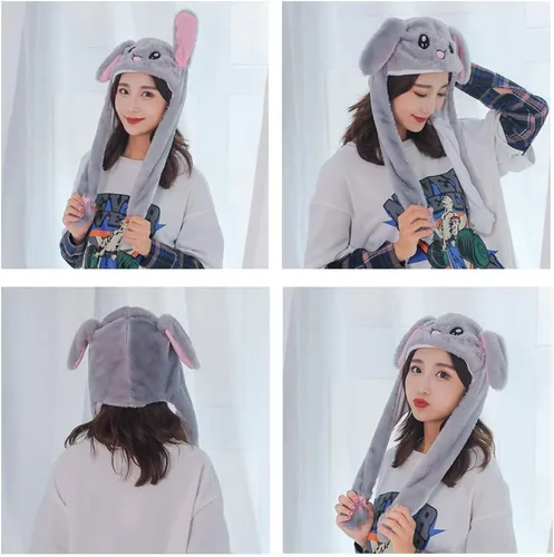 Vista 2 de Topwon - Gorro de conejo de peluche con orejas de conejo que aparecen cuando se presionan las patas, color gris