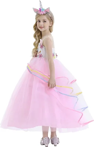 Vista 4 de Girls Unicorn Dress up Costumes Princess Tulle Flower Dress Cosplay Party Halloween Fancy Outfits with Accessories 5-12 Years