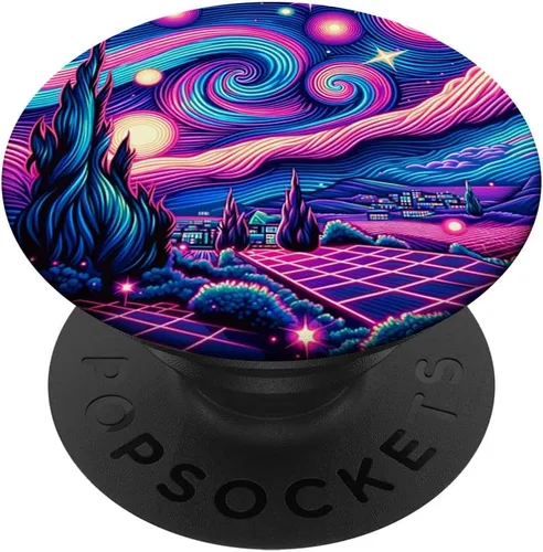 Vista 6 de Cyberpunk Vaporwave Synthwave Van Gogh Starry Night PopSockets MagSafe PopGrip for iPhone