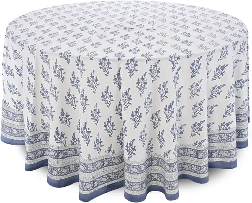 Vista 23 de Ridhi Mantel redondo con estampado de bloque a mano, 100% algodón, reutilizable, rojo sangría de 110 pulgadas, mantel decorativo para uso diario