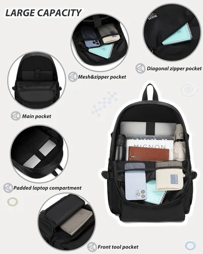 Vista 3 de Caoroky knight Mochila para portátil universitaria para hombres y mujeres, mochila grande para libros, ligera, mochila de viaje y día a día, Negro