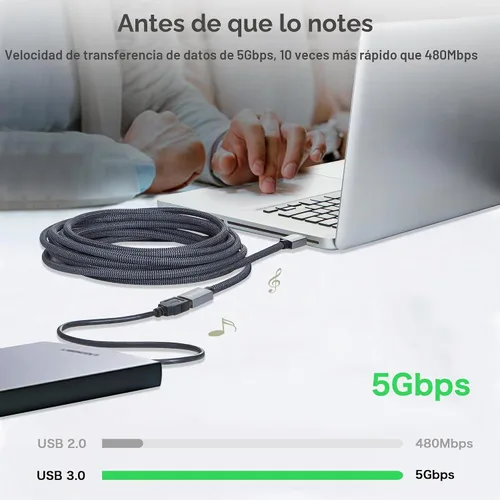 Vista 2 de Cable de extensión USB 3.0 de 1 pie/1 ft / 0.3m, cable extensor USB tipo A, macho a hembra, cable de transferencia de datos de 5 Gbps
