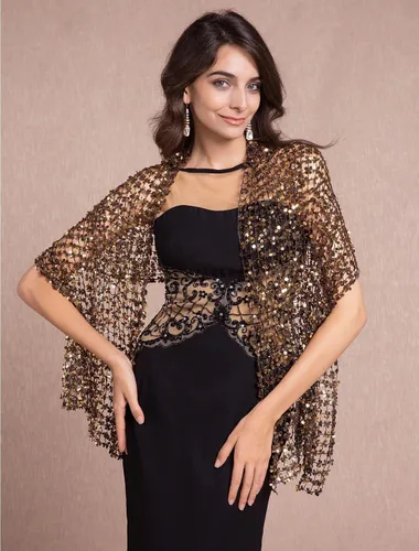 Vista 3 de RZTA Chales metálicos brillantes y envolturas con hebilla para vestidos de fiesta de noche, boda y fiesta