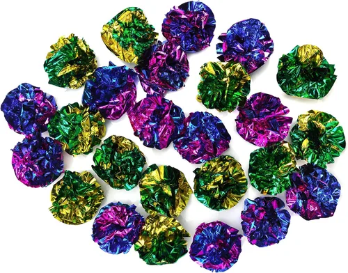 Vista 3 de CHIWAVA 24 bolas de Mylar de 1.6 pulgadas brillantes y arrugadas para gatos, pelota de gatito agrietado, juego ligero, colores surtidos