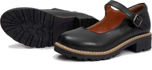 Vista 4 de Zapatos Oxford Mary Janes de cuero para mujer, zapatos planos gruesos y bajos de plataforma de costura retro clásicos con correa de tobillo