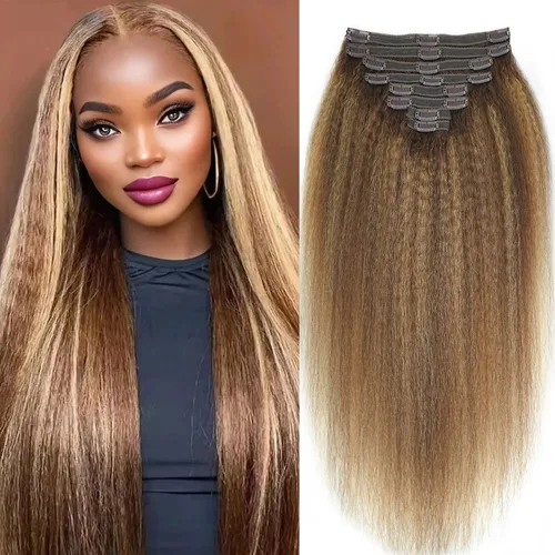 Vista 27 de Extensiones de cabello humano real rizado con clip, 4/27/4, ombré, rizado con clip, para mujer, 3C y 4A (12 pulgadas, #4/27/4)