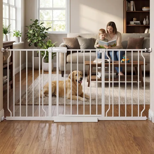 Vista 13 de Puerta para bebé extra ancha con puerta, 52.76 ~ 62.2 pulgadas de ancho, montada a presión, sin taladro, puerta de metal con cierre automático