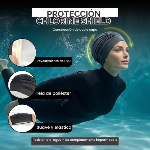 Vista 7 de BEEMO Gorros de natación para mujer, turbante de natación, de poliéster, con forro de látex, plisado para mujer Negro