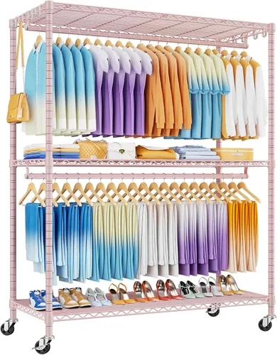 Vista 8 de P8 Perchero de Ropa Resistente (Con Diseño de Ancho Extendido) Percheros Rodantes para Colgar Ropa, Perchero Portátil con Ruedas Bloqueables, 51.2