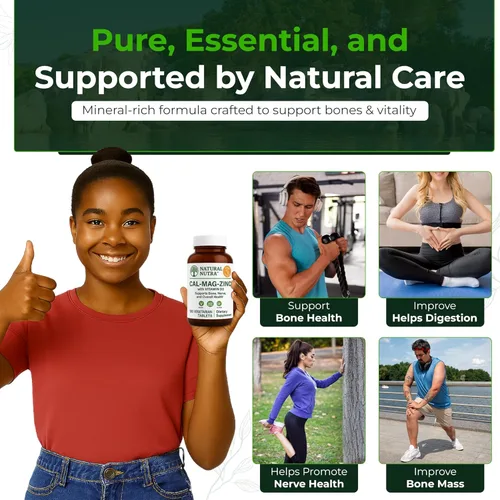 Vista 3 de Natural Nutra Suplemento de calcio y magnesio y zinc con vitamina D3 para fortaleza ósea, salud sin gluten y sin azúcar, complejo mineral esencial