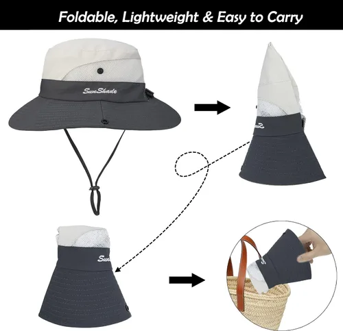 Vista 5 de Sombrero de pesca de playa de ala ancha para mujer, con protección UV, plegable, con agujero para cola de caballo