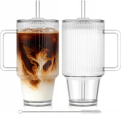 Vista 11 de KEMORELA Vaso de vidrio acanalado de 24 onzas con asa y tapa, tazas de café 24oz-Begonia
