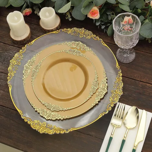 Vista 32 de Efavormart - Paquete de 10 platos de postre barrocos negros y dorados de 8 pulgadas, platos de aperitivo resistentes con borde metálico en relieve