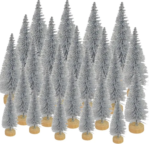 Vista 10 de 24 piezas de árboles de cepillo para botellas, decoración de Navidad, mini árbol de Navidad blanco con base de madera, árbol de pino de sisal