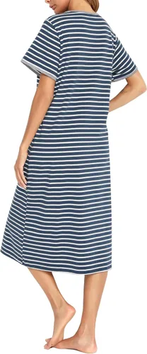 Vista 5 de Camisones de Manga Corta con Cremallera Frontal para Mujer, Batas de Algodón de Longitud Completa, Bata Suelta de Casa/Ropa de Descanso con Bl&blanco