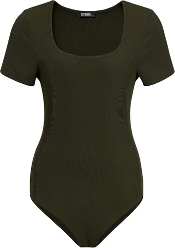 Vista 4 de BTFBM Conjunto casual de 2 piezas para mujer, con cuello cuadrado, manga corta, con cordón, pantalones de punto, a juego