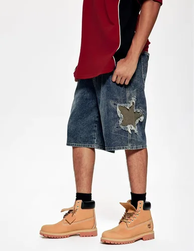 Vista 7 de Vamtac Pantalones cortos de mezclilla para hombre, diseño de retazos de estrellas, tiro medio, casual, holgado, para verano, pantalones de mezclilla