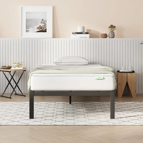 Vista 18 de Novilla Base de cama individual con cabecero, marco de cama de plataforma de metal, resistente, no necesita somier, soporte de listones de madera