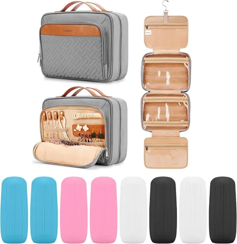 Vista 26 de Bolsa de aseo colgante de viaje para mujeres y hombres, con 6 cubiertas de botellas de silicona a prueba de fugas, accesorios impermeables