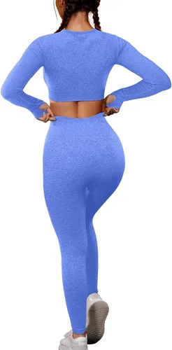 Vista 2 de OYS Conjuntos de entrenamiento para mujer trajes de 2 piezas sin costuras cintura alta leggings de yoga de manga larga camiseta corta para gimnasio
