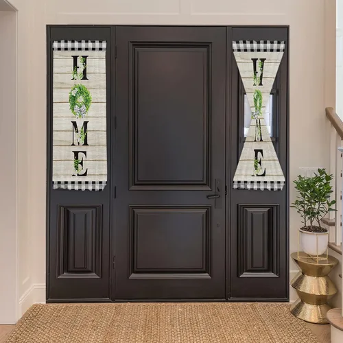Vista 3 de Cortinas rústicas para puerta con diseño de magnolia para privacidad, cortinas rústicas de búfalo a cuadros, cortina para puerta francesa con Verde